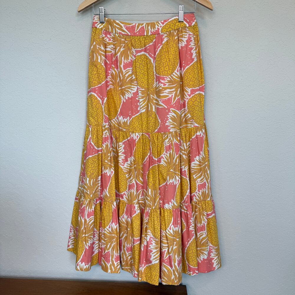 Women's Boden Tiered Pink‎ and Yellow Pineapple Tropical Midi Skirt Size 4P